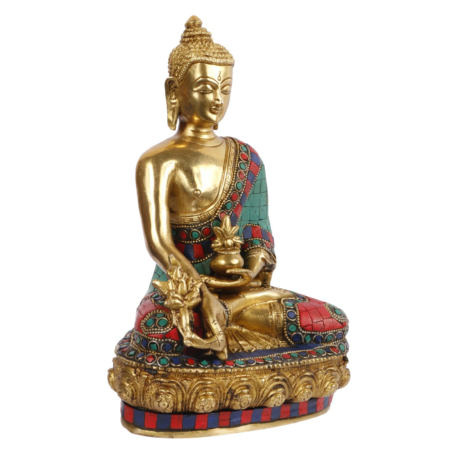 Brass Buddha Idol in Bhumisparsha Mudra Statue Tibetan Buddhist Décor Height 10 Inch Weight 3.8 Kg Color Multicolor - SvarupArt