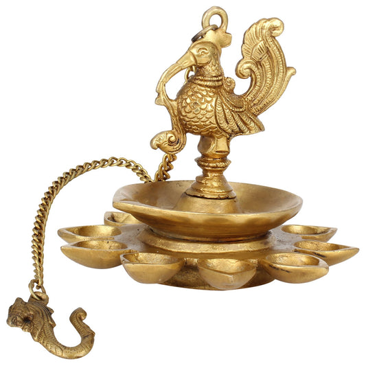 Brass Peacock Wall Hanging Multiwick Diya Oil Lamp with Chain Diyas Ideal for Home Decoration Temple Gift Gold Color - SvarupArt