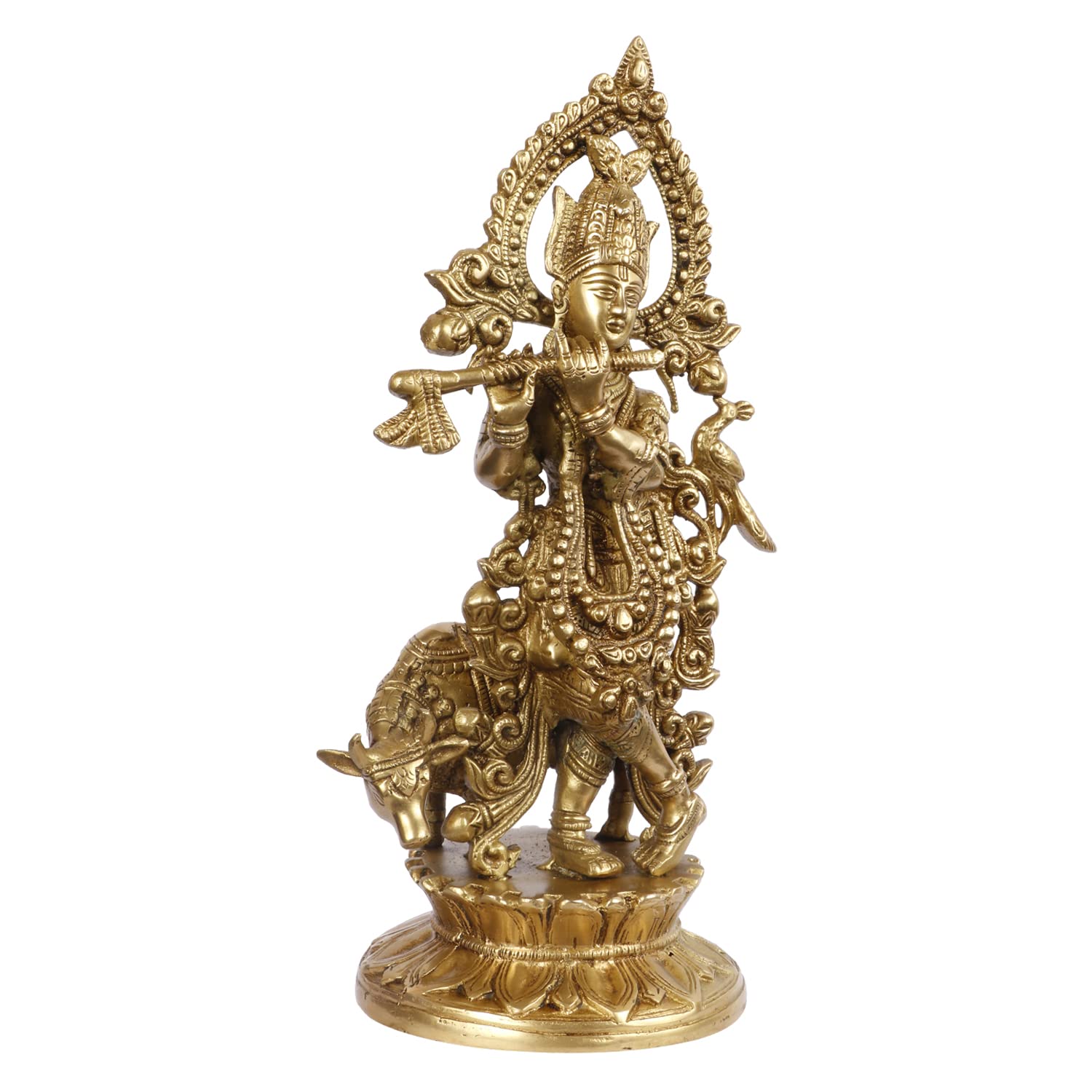Brass Shri Krishna Idol with Cow Kishan Bhagwan Murti Lord Krishna Cow Statue with Flute Big Size Height 12 Inch - SvarupArt