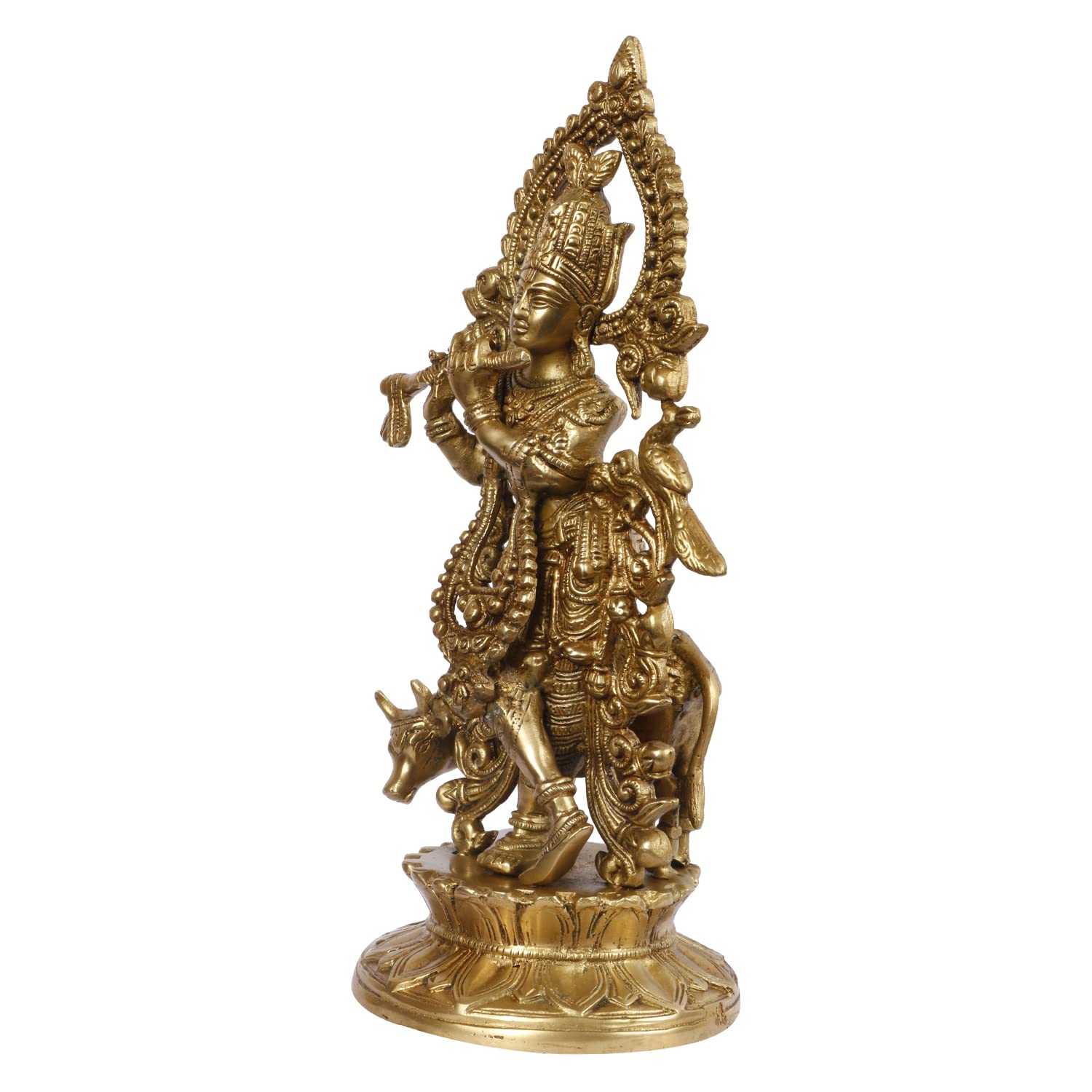 Brass Shri Krishna Idol with Cow Kishan Bhagwan Murti Lord Krishna Cow Statue with Flute Big Size Height 12 Inch - SvarupArt