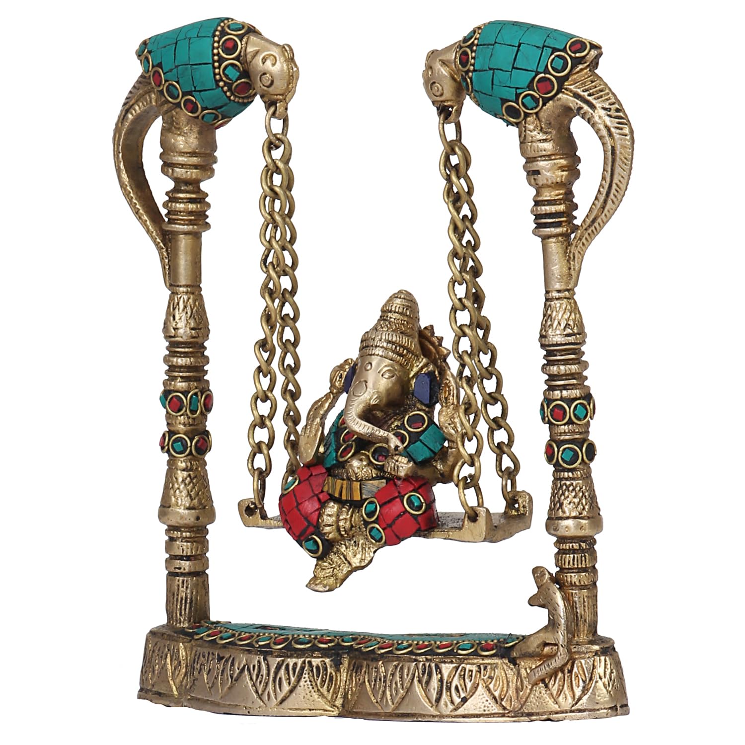 Brass Ganesha on Jhoola Ganesh Swing Decor Showpiece Handcrafted Statue 8 Inch, Multicolor - SvarupArt