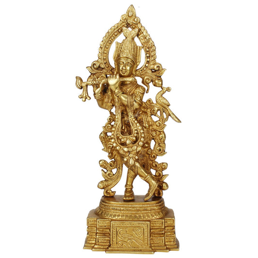 Brass Lord Krishna Statue Krishan Playing Flute Home Decor for Living Room Pooja Gift Item Gold Color Height 13.5 Inch - SvarupArt