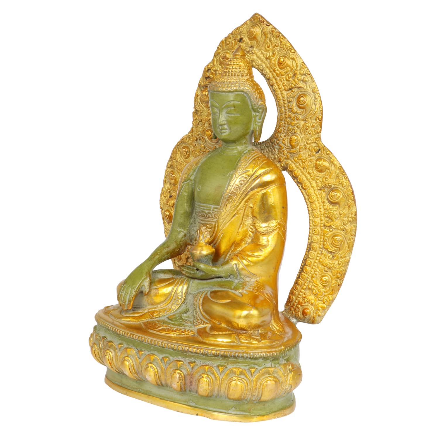 Brass Buddha Idol in Bhumisparsha Mudra Statue Tibetan Buddhist Décor Height 9.5 Inch Weight 2.7 Kg Color Gold and Green - SvarupArt