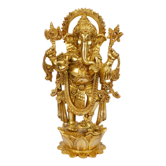 Brass Ganesha Idol for Home Decoration Ganpati Statue Murti for Gift Height 16 Inch Weight 8 Kg Color Gold - SvarupArt