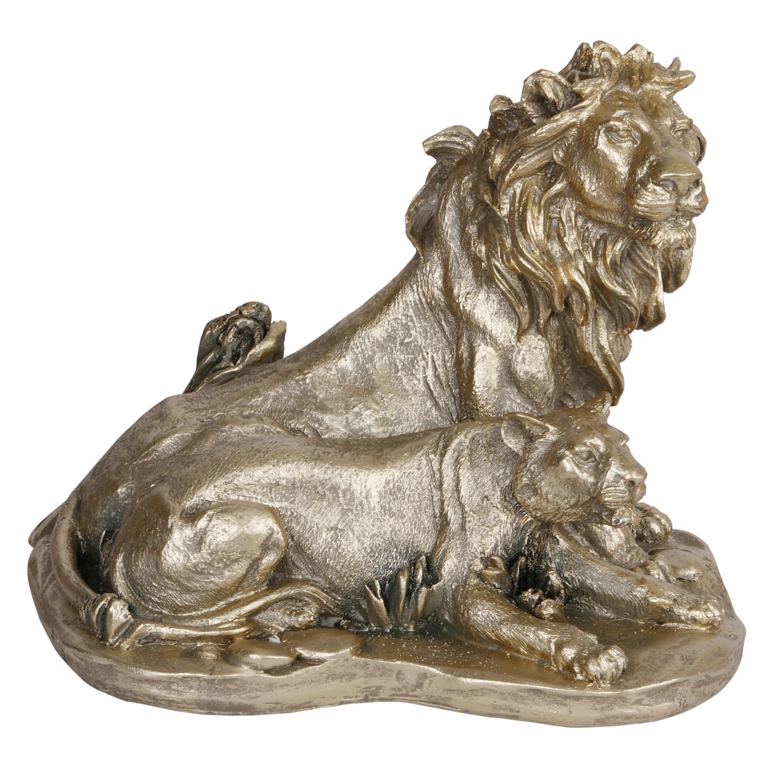 Heartwarming Lion Family In A Gold Color Resin Sculpture Height 7 Inch - SvarupArt