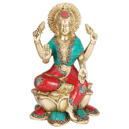 Brass Goddess Lakshmi laxmi Sitting on Lotus Idol for Diwali Pooja Home Decor Multicolor (Height 10 inch weight 3.90 Kg) - SvarupArt