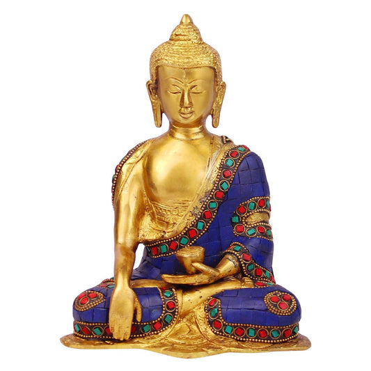 Brass Buddha Idol in Bhumisparsha Mudra Statue Tibetan Buddhist Décor Height 8 Inch Weight 2.3 Kg Color Multicolor - SvarupArt
