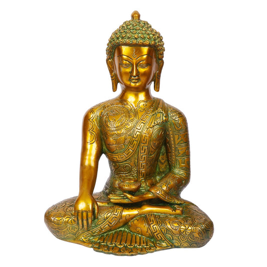 Brass Buddha Idol in Bhumisparsha Mudra Statue Tibetan Buddhist Décor Height 12 Inch Weight 6 Kg Color Golden Green - SvarupArt