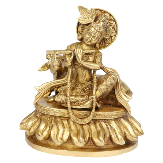 Brass Shri Krishna Idol with Cow Kishan Bhagwan Murti Lord Krishna Cow Statue with Flute Big Size Height 8.5 Inch - SvarupArt