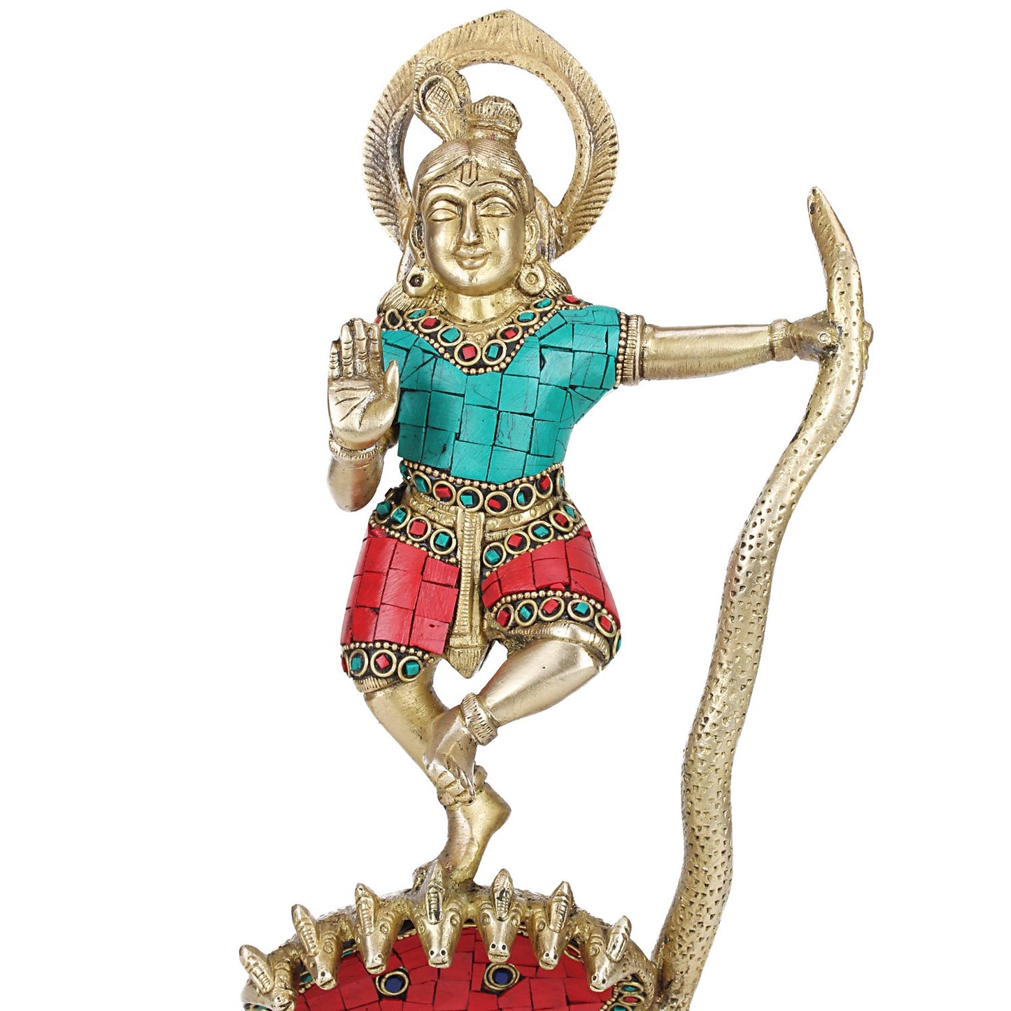 Brass Krishna Bhagwan Krishan Murti Dancing on Kaliya Naag Statue for Home Decor Temple Pooja Gift 13 Inch Multicolor