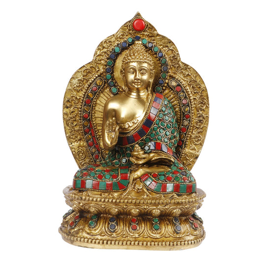 Brass Gautam Buddha Idol Statue Murti Draped in Stone Embellished Shawl for Home Decoration Blessing Buddha Height 10 Inch - SvarupArt