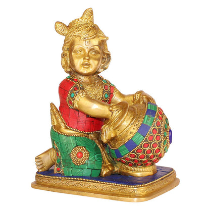 Brass Shri Krishna Makhan Chor with Matki Kishan Bhagwan Murti Lord Krishna with Makhan Statue Height 7 Inch - SvarupArt