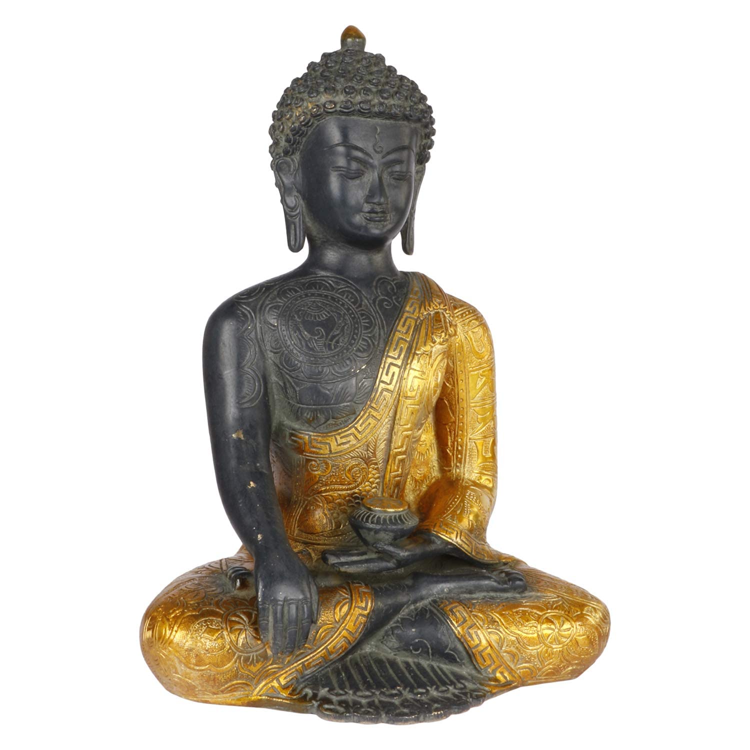 Brass Buddha Idol in Bhumisparsha Mudra Statue Tibetan Buddhist Décor Height 12 Inch Weight 6 Kg Color Golden Black - SvarupArt