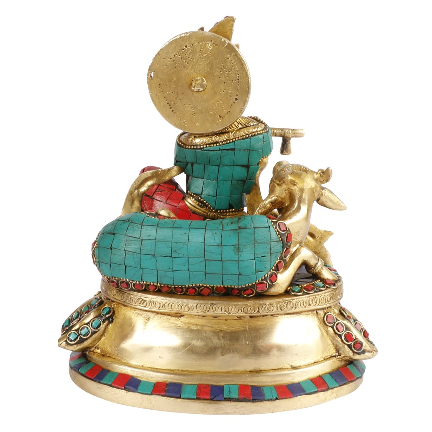 Brass Shri Krishna Idol with Cow Kishan Bhagwan Murti Lord Krishna Cow Statue with Flute Big Size Height 8 Inch - SvarupArt