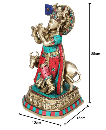 Brass Shri Krishna Idol with Cow Kishan Bhagwan Murti Lord Krishna Cow Statue Height 10 Inch Weight 2.7 Kg Multicolor - SvarupArt