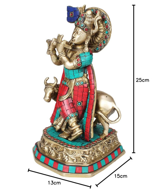 Brass Shri Krishna Idol with Cow Kishan Bhagwan Murti Lord Krishna Cow Statue Height 10 Inch Weight 2.7 Kg Multicolor - SvarupArt