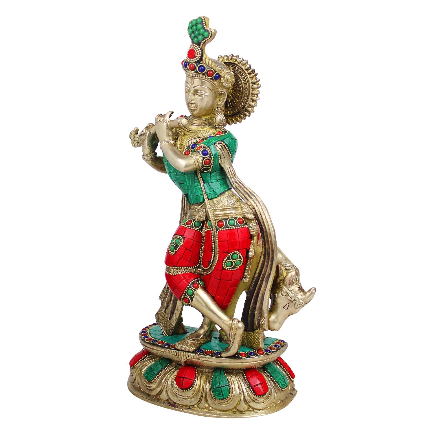 Brass Shri Krishna Idol with Cow Kishan Bhagwan Murti Lord Krishna Cow Statue with Flute Big Size Height 14 Inch - SvarupArt