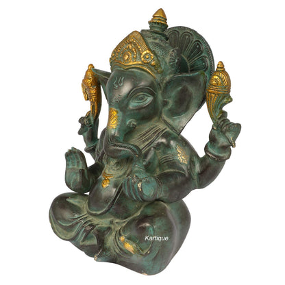 Brass Ganesha Idol for Home Decoration Ganpati Statue Murti for Gift Height 8 Inch Weight 3 Kg Color Green - SvarupArt