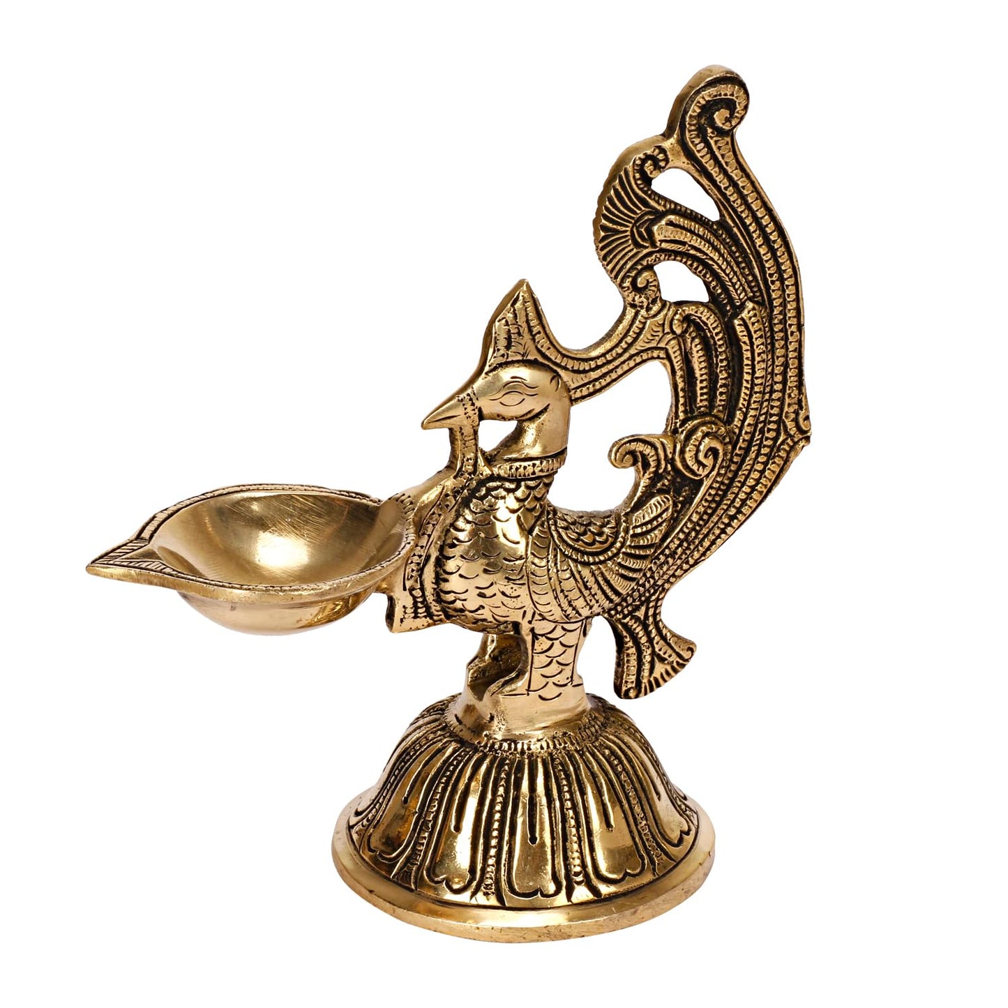 Savrup Peacock Design Brass Diya Diyas for Temple Puja Home Decoration Housewarming Gifts Size 7 Inches, Gold Color