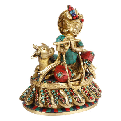 Brass Shri Krishna Idol with Cow Kishan Bhagwan Murti Lord Krishna Cow Statue with Flute Big Size Height 8 Inch - SvarupArt