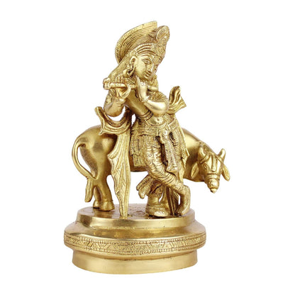 Brass Krishna Idol with Cow Statue Decorative Showpiece for Home Puja Room Living Room Temple Decoration and Gift Item - SvarupArt