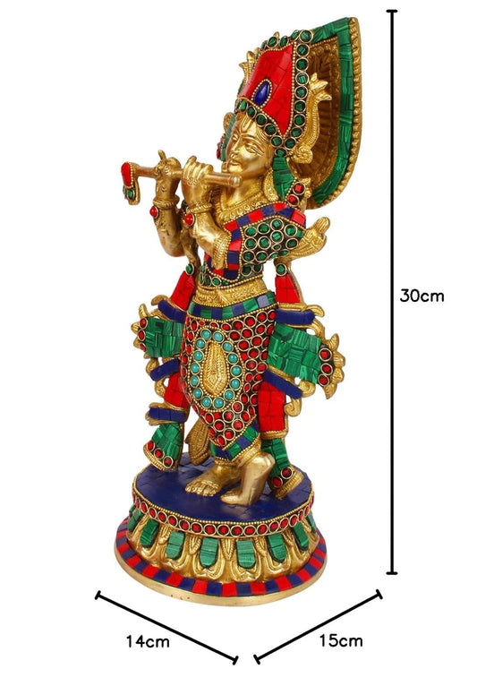 Brass Krishna Bhagwan Idol Murli Kishan Murti Playing Bansuri Gift for Home Mandir Decor Marriage Height 12 Inch - SvarupArt