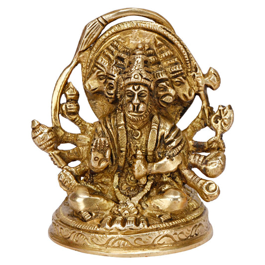 Brass God Panchmukhi (Five Faced) Bajrangbali Sankat Mochan Hanuman Idol Statue Murti Height 3.5 Inch Gold Color - SvarupArt