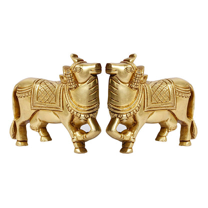 Brass Cow Wall Hanging Vastu Gau MATA Idol, Kamdhenu Cow Pair Nandi (Gold Color 5x4 Inch) - SvarupArt