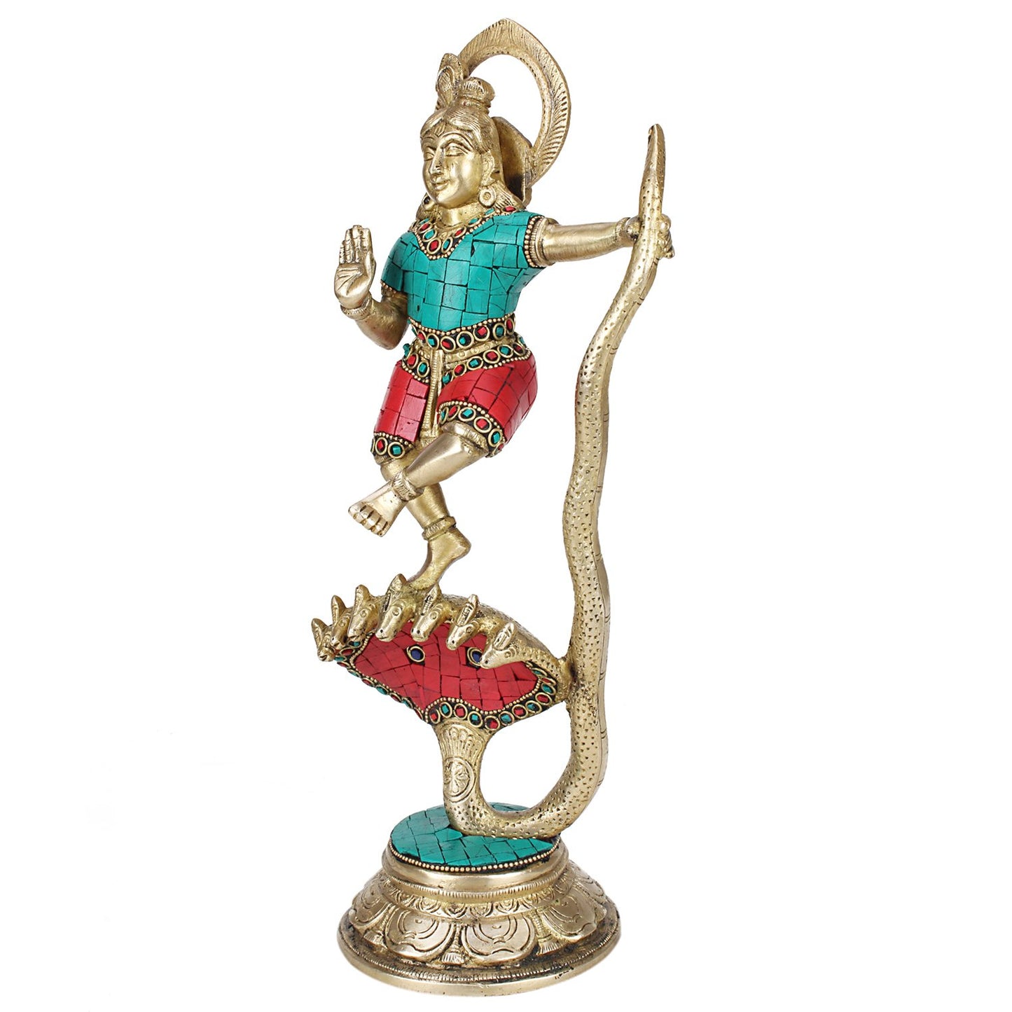 Brass Krishna Bhagwan Krishan Murti Dancing on Kaliya Naag Statue for Home Decor Temple Pooja Gift 13 Inch Multicolor