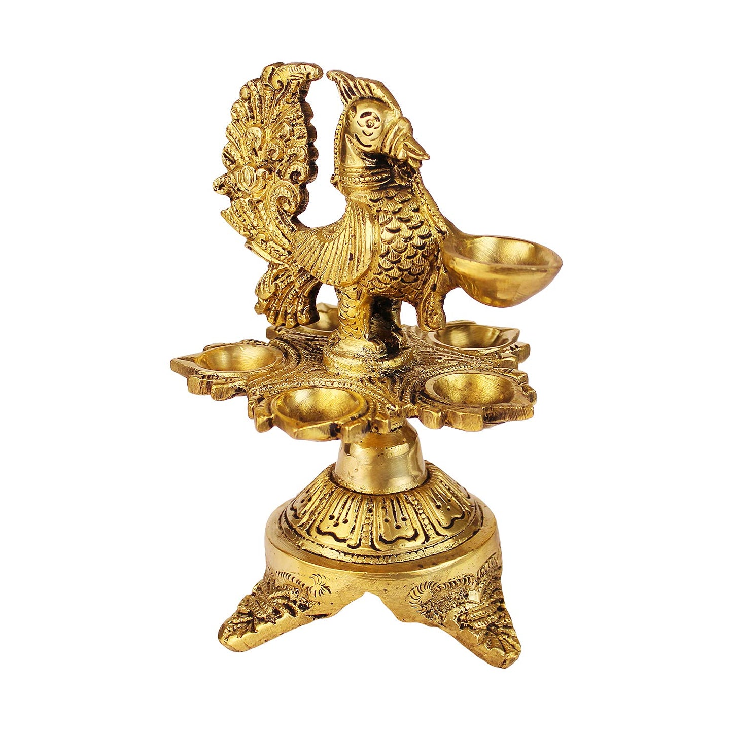 6 Inch Small Gold Color Brass Peacock Design Oil Diya with Base: Ideal for Home Temple Aarti and Decor - SvarupArt