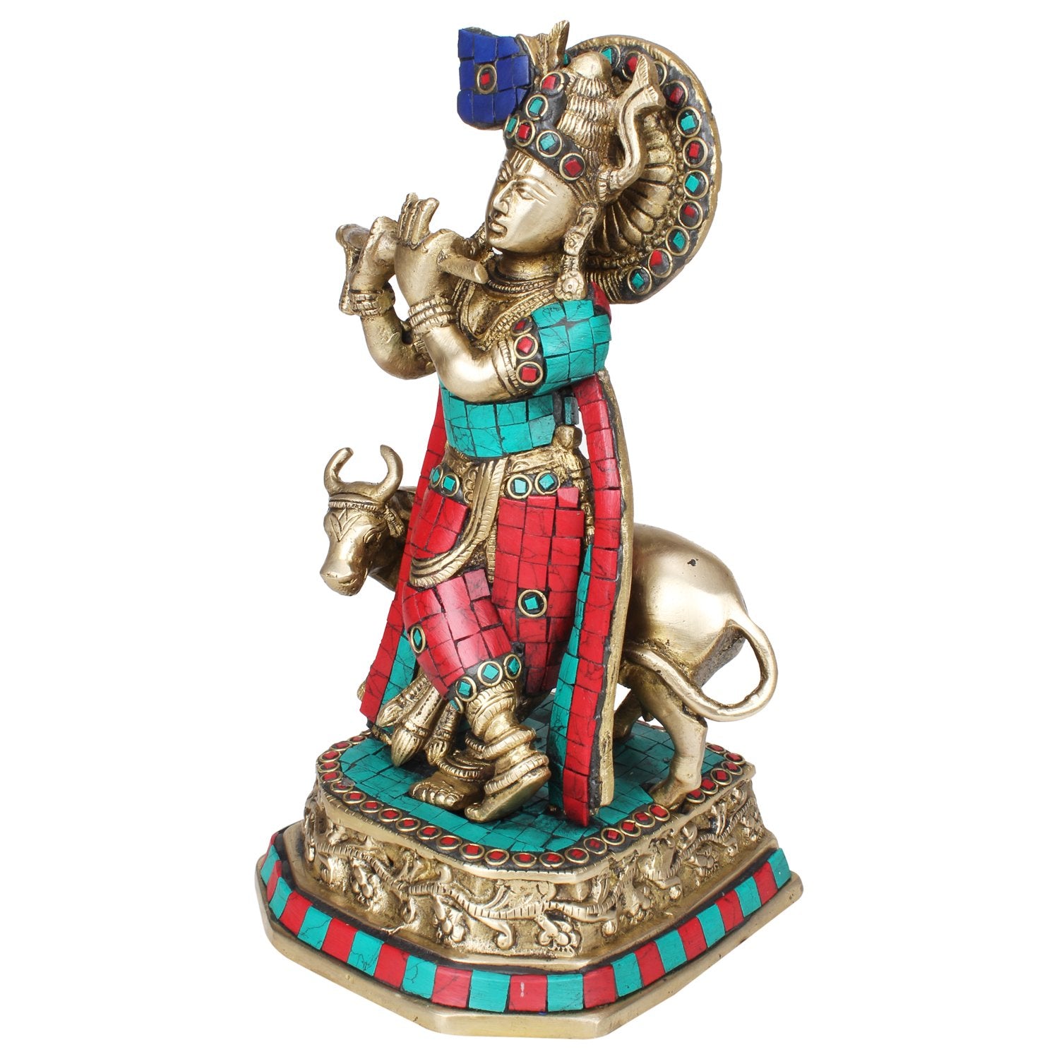 Brass Shri Krishna Idol with Cow Kishan Bhagwan Murti Lord Krishna Cow Statue Height 10 Inch Weight 2.7 Kg Multicolor - SvarupArt