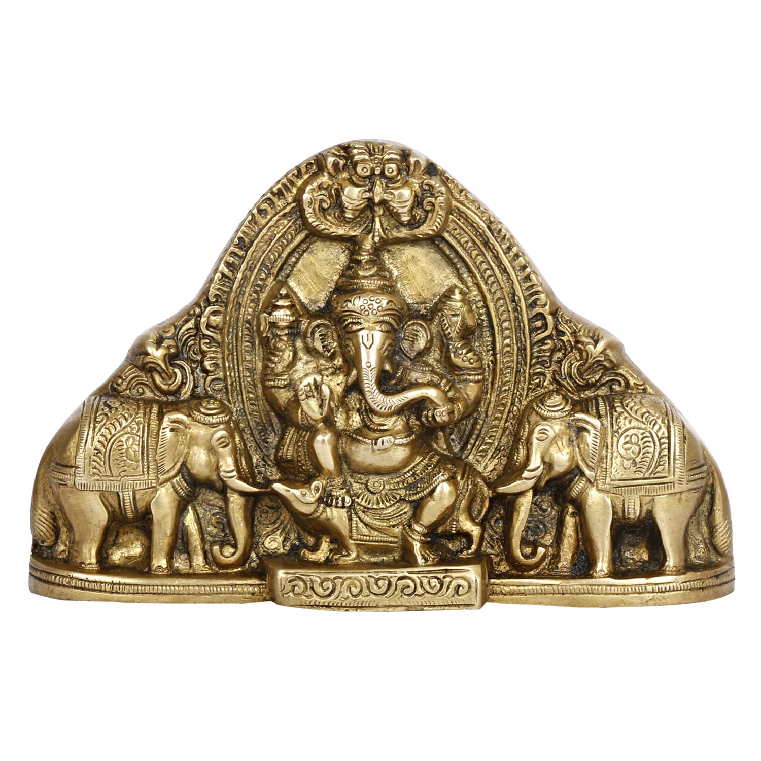 Brass Gaja Ganesha Lord Ganesh Sitting on Rat with Elephants Idol Wall Hanging Table Top Murti for Home Entrance. - SvarupArt