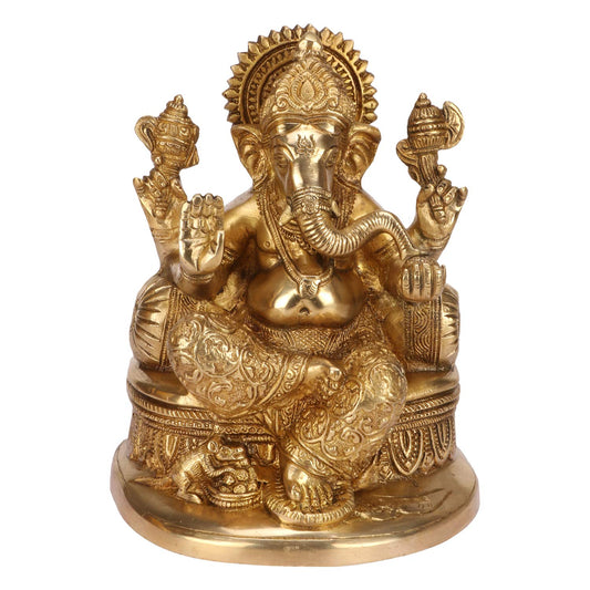 Brass Ganesha Idol for Home Decoration Ganpati Statue Murti for Gift Height 7.5 Inch Weight 2.9 Kg Color Gold - SvarupArt