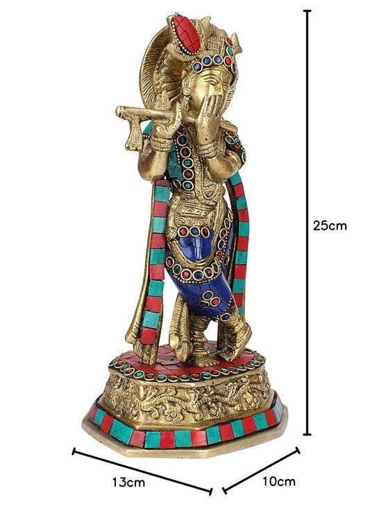 Lord Krishna Statue Krishan Playing Flute on Lotus Base Multicolor Home Decor for Living Room Pooja Gift Item - SvarupArt