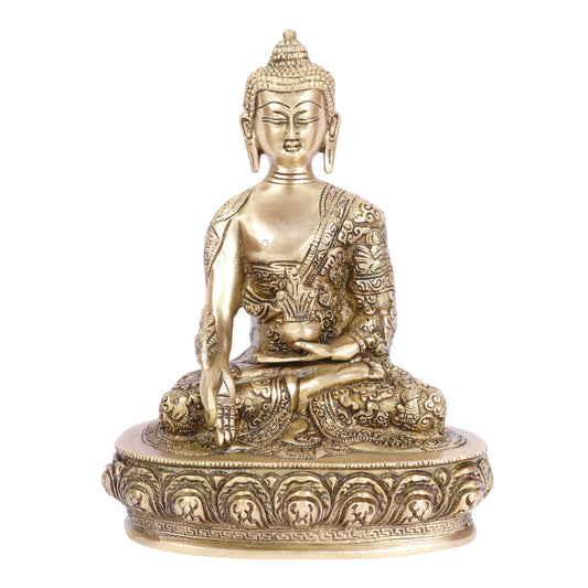 Brass Buddha Idol in Bhumisparsha Mudra Statue Tibetan Buddhist Décor Height 9.5 Inch Weight 2.7 Kg Color Antique Gold - SvarupArt