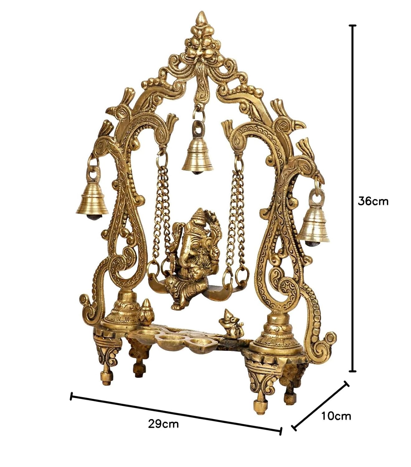 Brass Ganesha On Jhoola Swing with Hanging Bells and Diya Showpiece Ganesh Ganpati Jhula for Home & Office Temple - SvarupArt