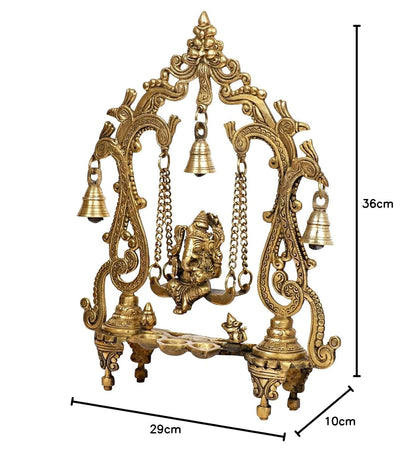 Brass Ganesha On Jhoola Swing with Hanging Bells and Diya Showpiece Ganesh Ganpati Jhula for Home & Office Temple - SvarupArt
