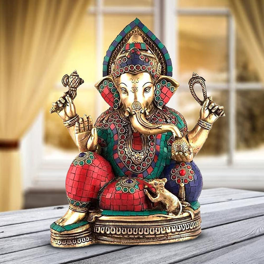 Brass Ganesha Idol for Home Decoration Ganpati Statue Murti for Gift Height 13 Inch Weight 9 Kg Color Multicolor - SvarupArt