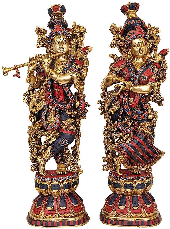 Brass Big Radha Krishna Idol Radhay Krishan Murti in Multicolor Height 29 Inch - SvarupArt