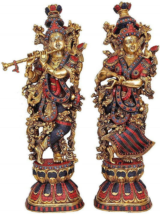 Brass Big Radha Krishna Idol Radhay Krishan Murti in Multicolor Height 29 Inch - SvarupArt