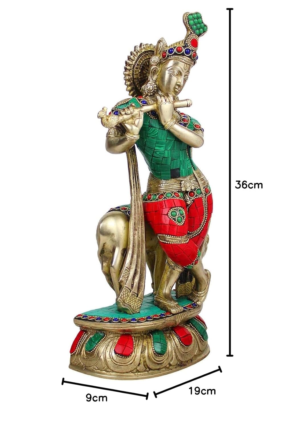 Brass Shri Krishna Idol with Cow Kishan Bhagwan Murti Lord Krishna Cow Statue with Flute Big Size Height 14 Inch - SvarupArt