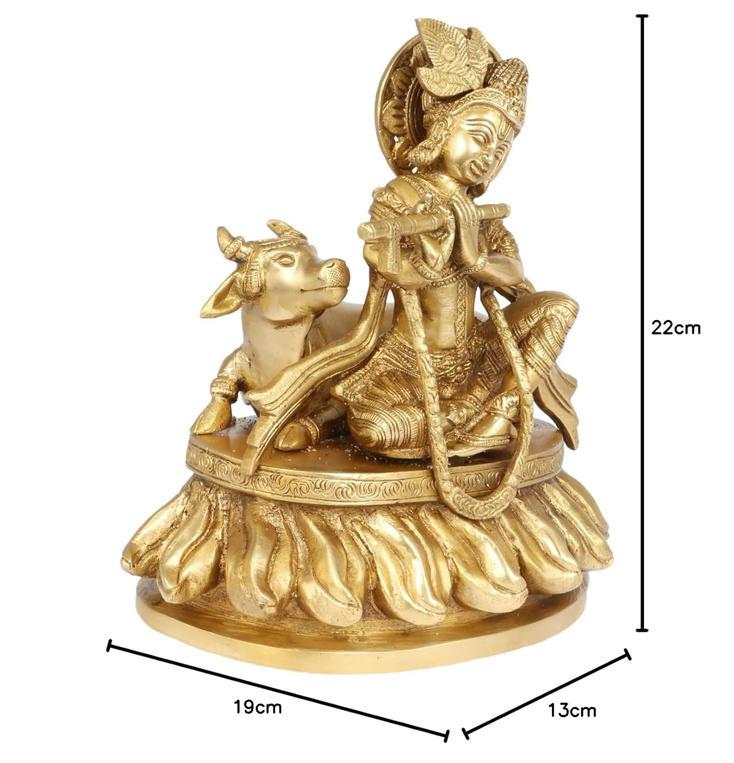Brass Shri Krishna Idol with Cow Kishan Bhagwan Murti Lord Krishna Cow Statue with Flute Big Size Height 8.5 Inch - SvarupArt