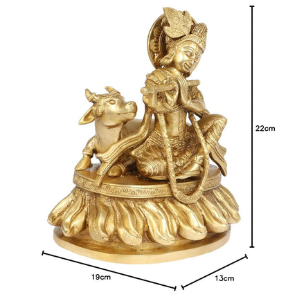 Brass Shri Krishna Idol with Cow Kishan Bhagwan Murti Lord Krishna Cow Statue with Flute Big Size Height 8.5 Inch - SvarupArt