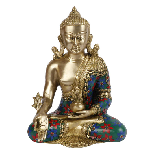 Brass Buddha Idol in Bhumisparsha Mudra Statue Tibetan Buddhist Décor Height 9.5 Inch Weight 3.4 Kg Color Multicolor - SvarupArt