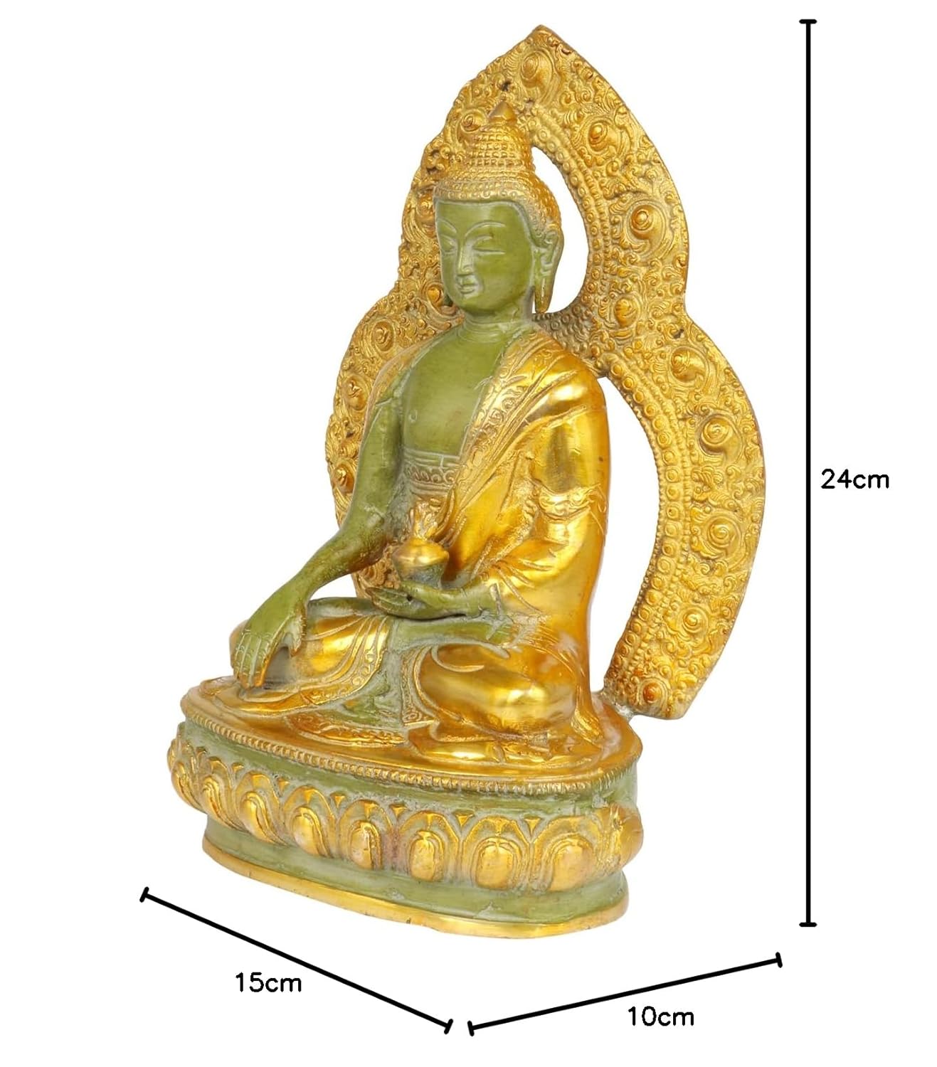 Brass Buddha Idol in Bhumisparsha Mudra Statue Tibetan Buddhist Décor Height 9.5 Inch Weight 2.7 Kg Color Gold and Green - SvarupArt