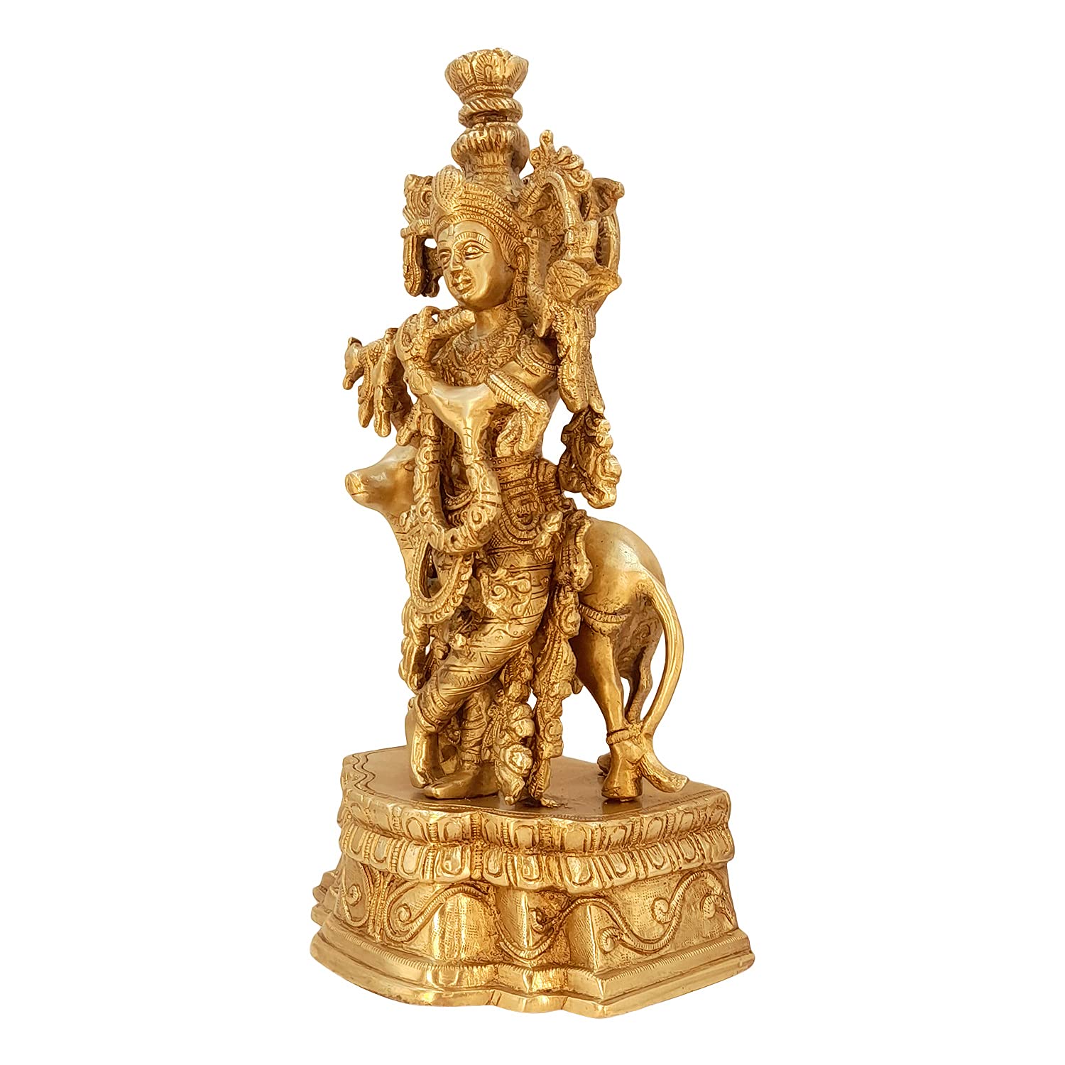 Brass Shri Krishna Idol with Cow Kishan Bhagwan Murti Lord Krishna Cow Statue with Flute Big Size Height 12 Inch - SvarupArt