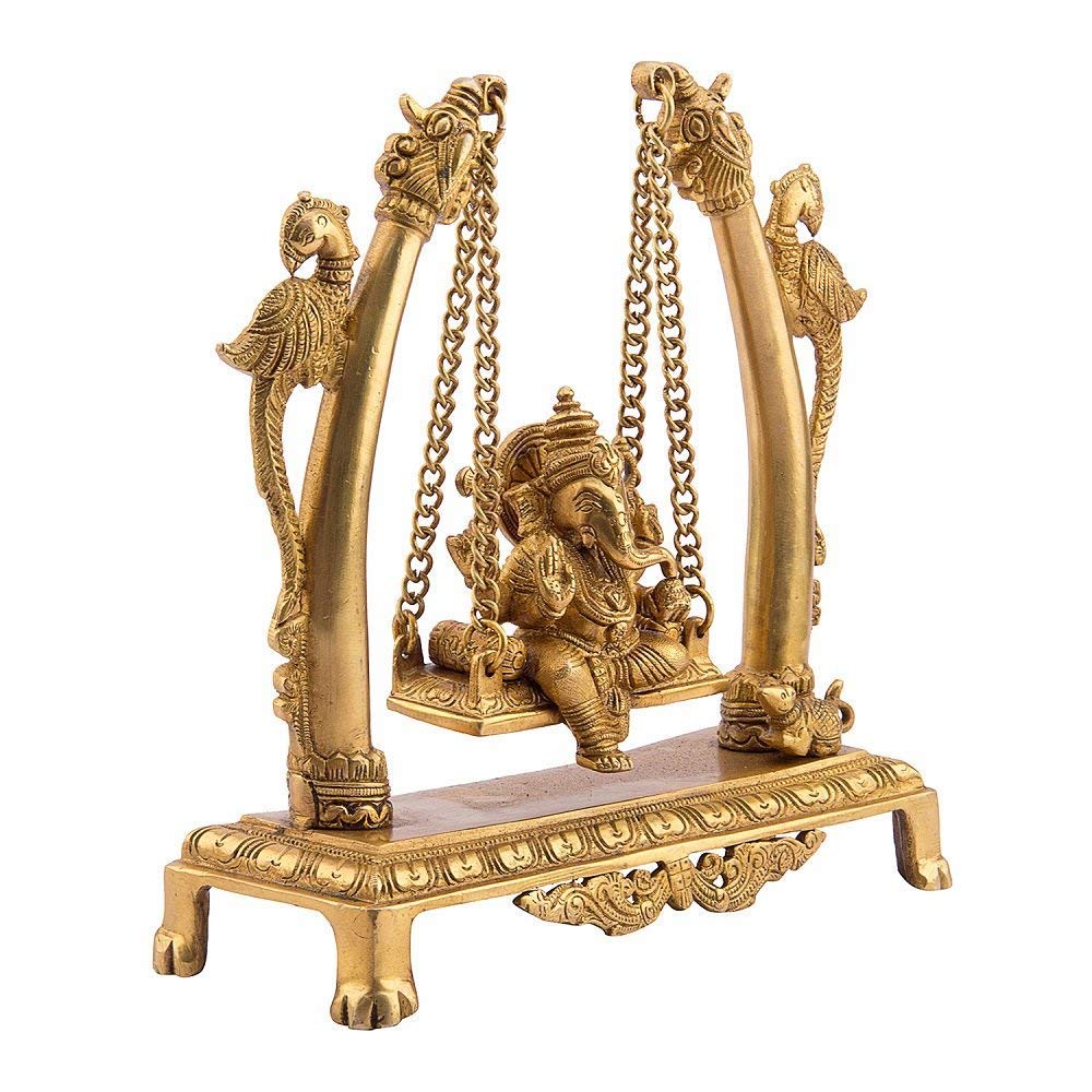 Brass Ganesha on Jhoola Ganesh Swing Home Decor Showpiece Gift Statue 9.5 Inch, Gold 1 Pcs Standard - SvarupArt
