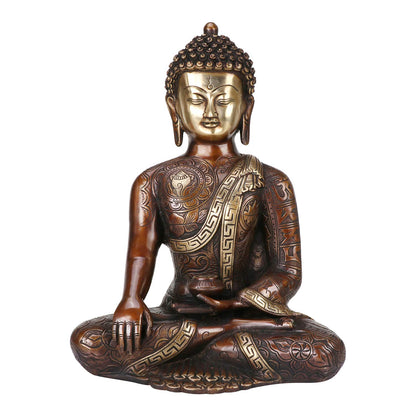 Brass Buddha Idol in Bhumisparsha Mudra Statue Tibetan Buddhist Décor Height 12 Inch Weight 6 Kg Color Bronze - SvarupArt