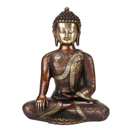 Brass Buddha Idol in Bhumisparsha Mudra Statue Tibetan Buddhist Décor Height 12 Inch Weight 6 Kg Color Bronze - SvarupArt