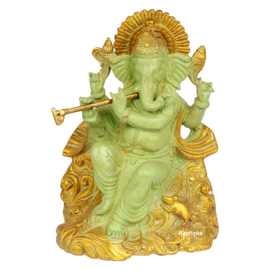 Brass Ganesha Idol for Home Decoration Ganpati Statue Murti for Gift Height 8 Inch Weight 2.8 Kg Color Green - SvarupArt